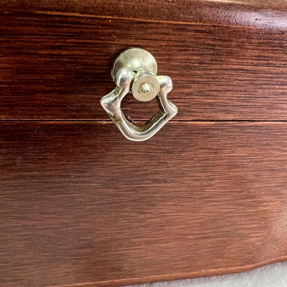 Vintage Wooden Jewelry Box Chest Red Velvet Lining Removable Tray Necklace Hooks